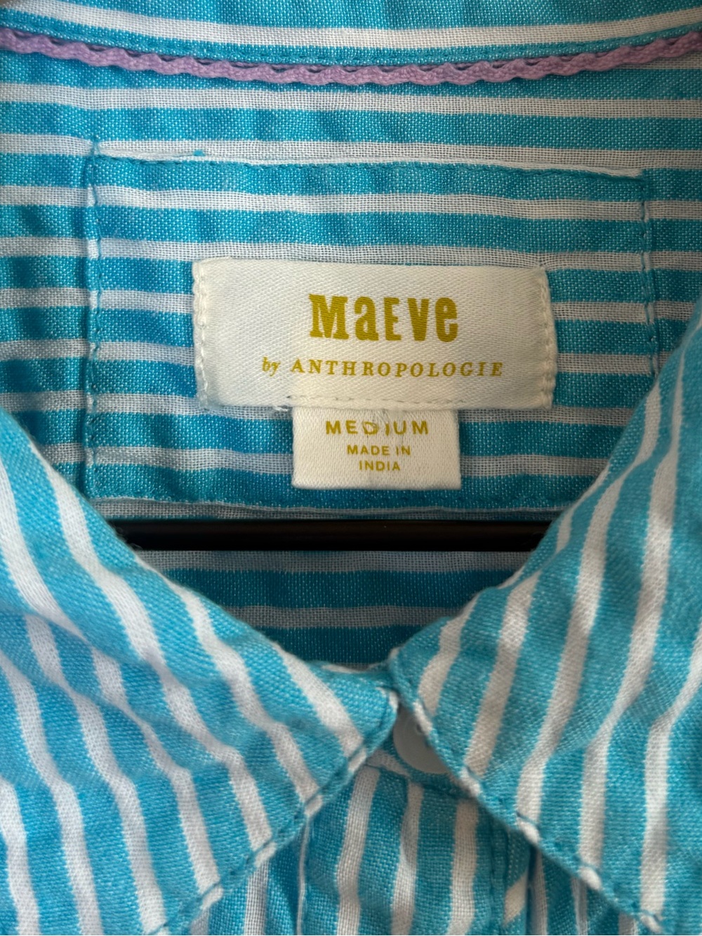 Maeve by Anthropologie Turquoise Blue Floral Embroidery Striped Button Blouse - Picture 3 of 7